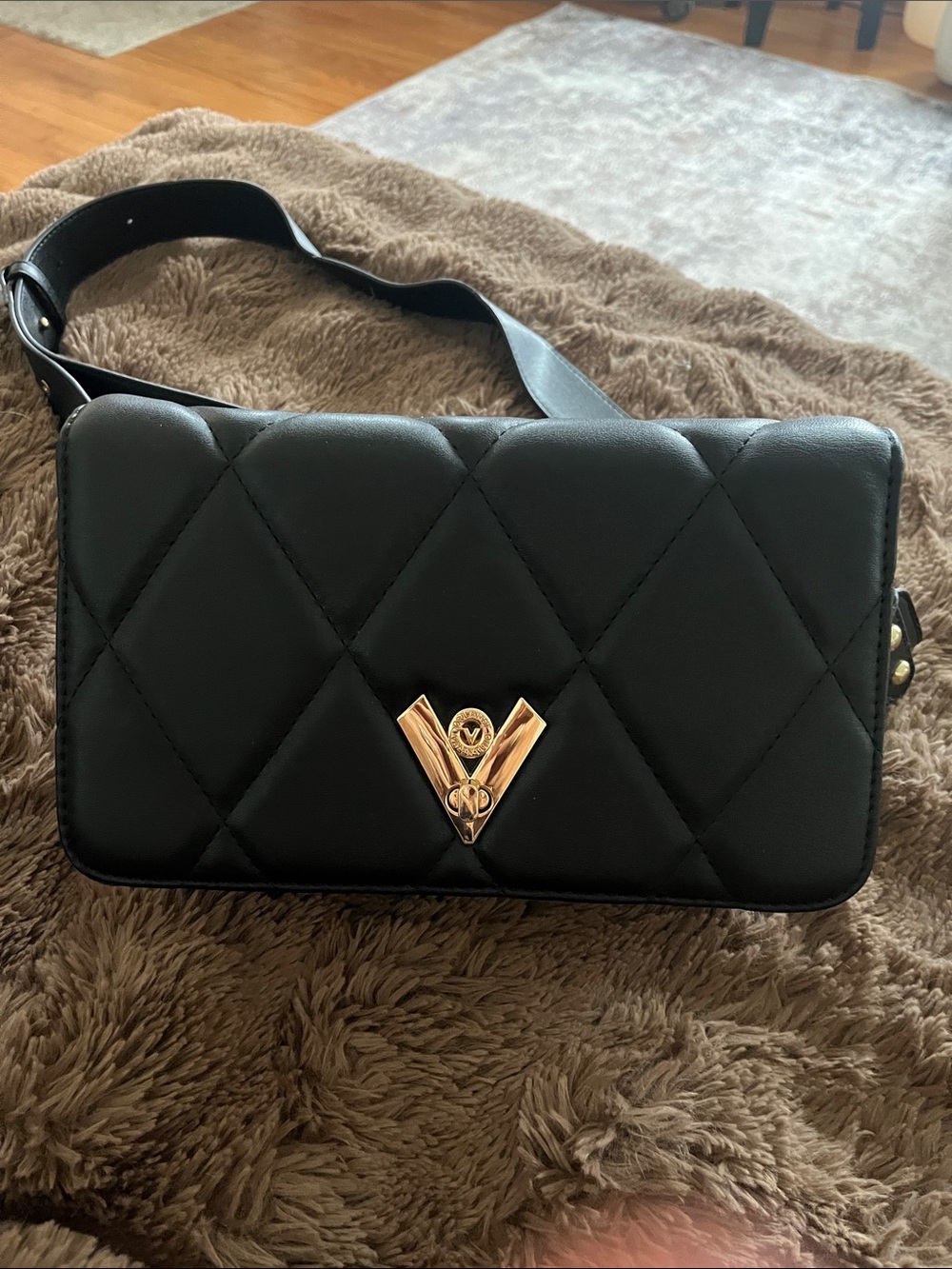 Valentino Black Quilted Crossbody Bag with Gold V Emblem